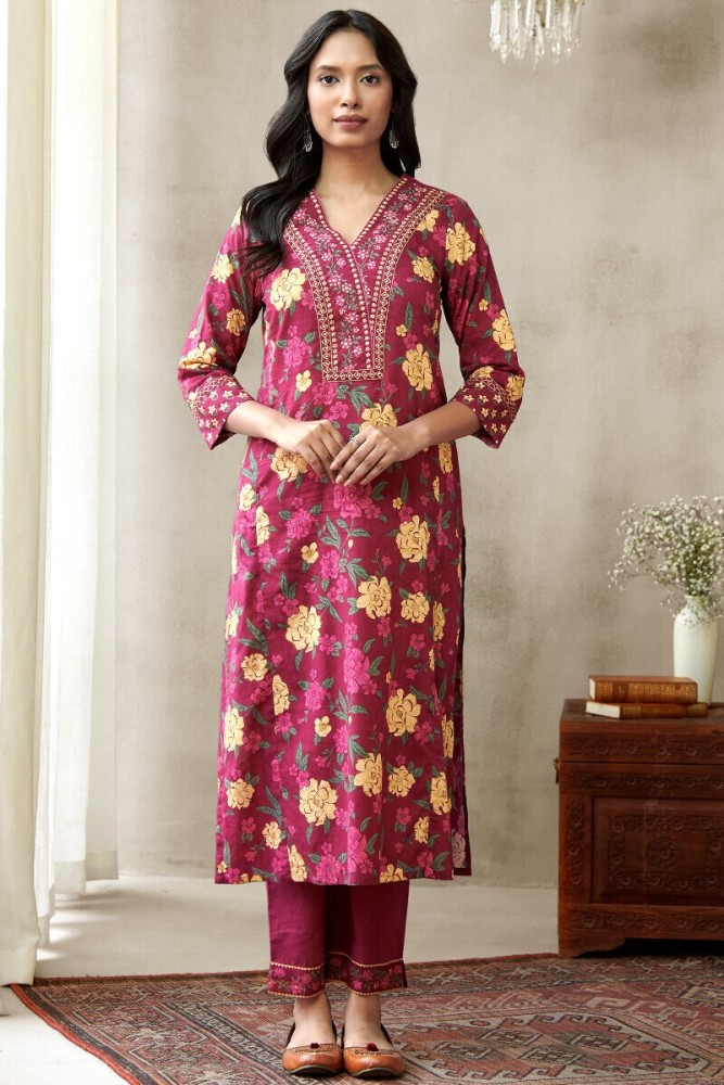 Women's Cotton Blend Printed Straight Kurta - Pant with Dupatta Set (Pack of 1)