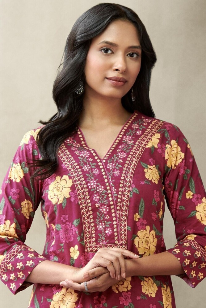 Women's Cotton Blend Printed Straight Kurta - Pant with Dupatta Set (Pack of 1)