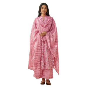 Women's Cotton Blend Printed Straight Kurta - Pant with Dupatta Set (Pack of 1)