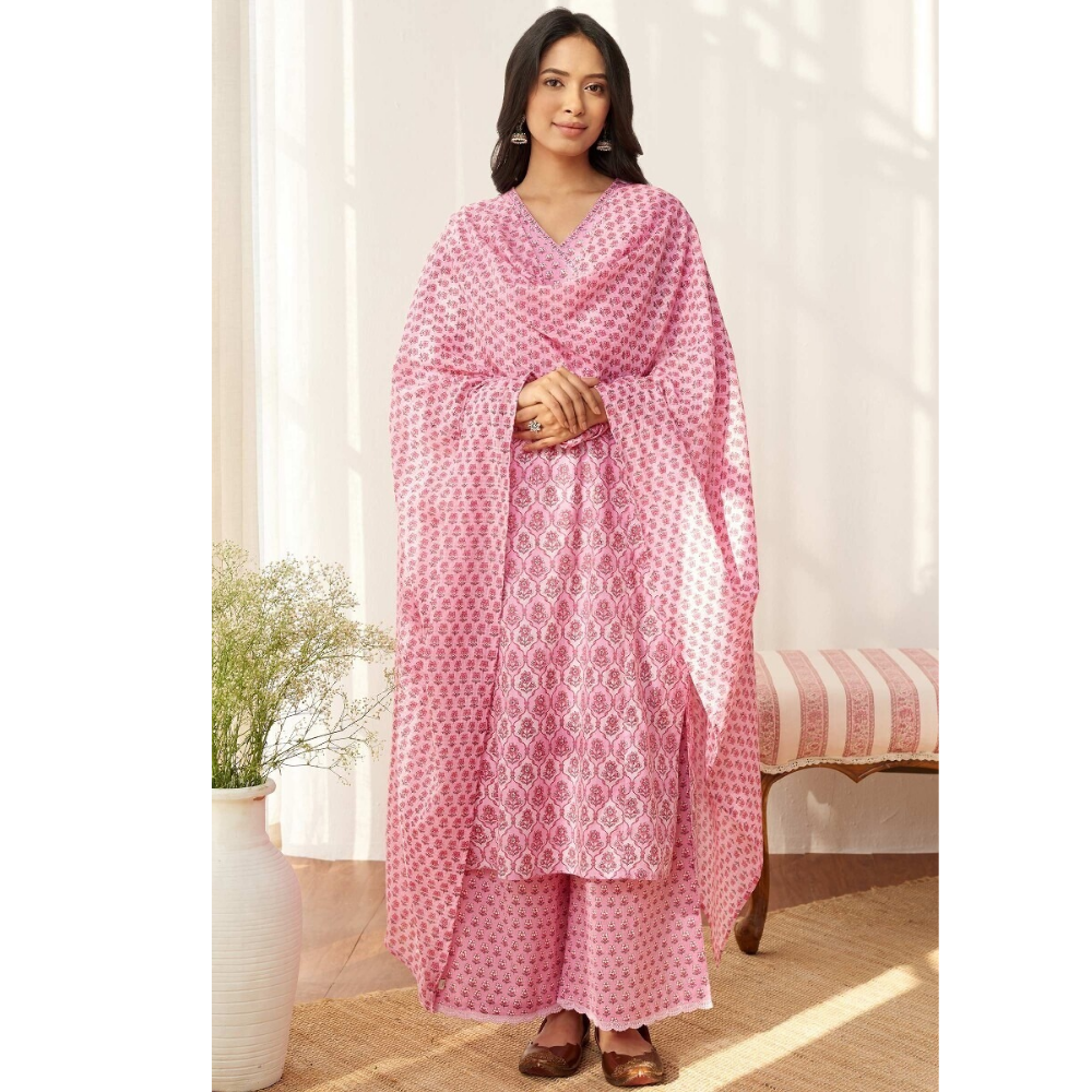 Women's Cotton Blend Printed Straight Kurta - Pant with Dupatta Set (Pack of 1)