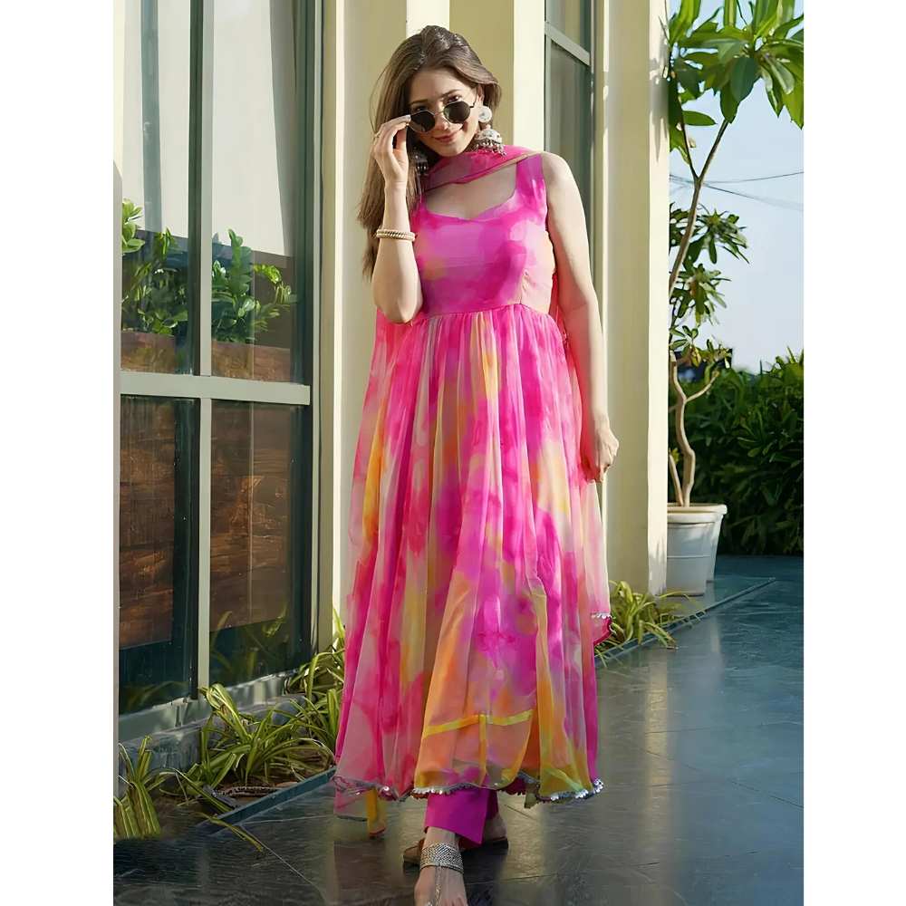 Pink Organza Anarkali Padded Gown / Kurta Set (Pack of 1)