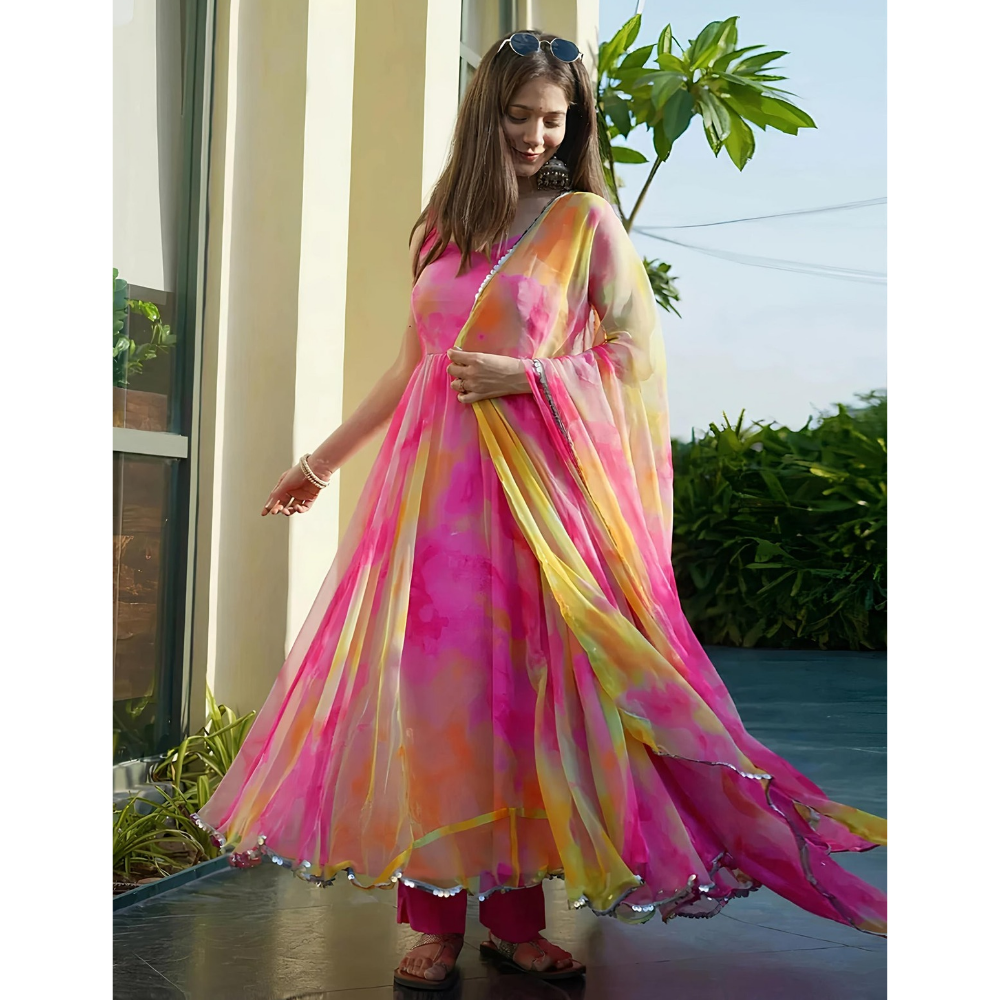 Pink Organza Anarkali Padded Gown / Kurta Set (Pack of 1)