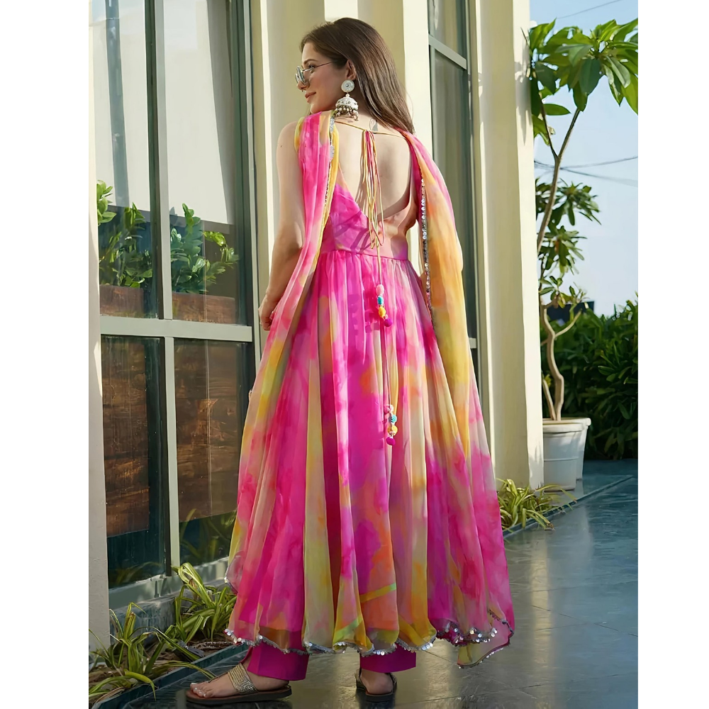 Pink Organza Anarkali Padded Gown / Kurta Set (Pack of 1)