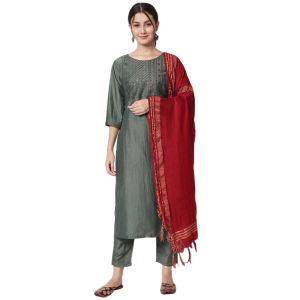 Women's Silk Blend Kurta & Trousers Pant with Viscose Print Dupatta (Pack of 1)