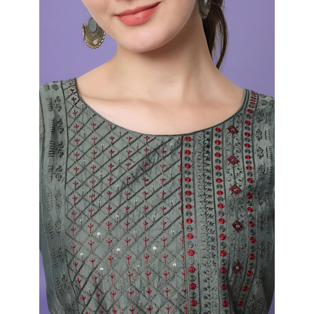 Women's Silk Blend Kurta & Trousers Pant with Viscose Print Dupatta (Pack of 1)