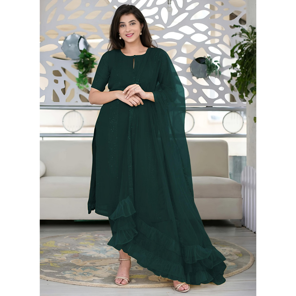 Women’s Sequence Embroidered Work Kurta with Trouser/Pant & Dupatta Set (Pack of 1)