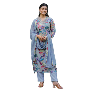 Women's Teby Silk Embroidered and Printed Straight Kurta with Teby silk Pant and Dupatta Sets (Pack of 1)