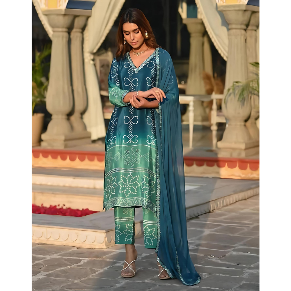 Ombre Pure Crepe Bandhani Suit Set for Women's (Pack of 1)