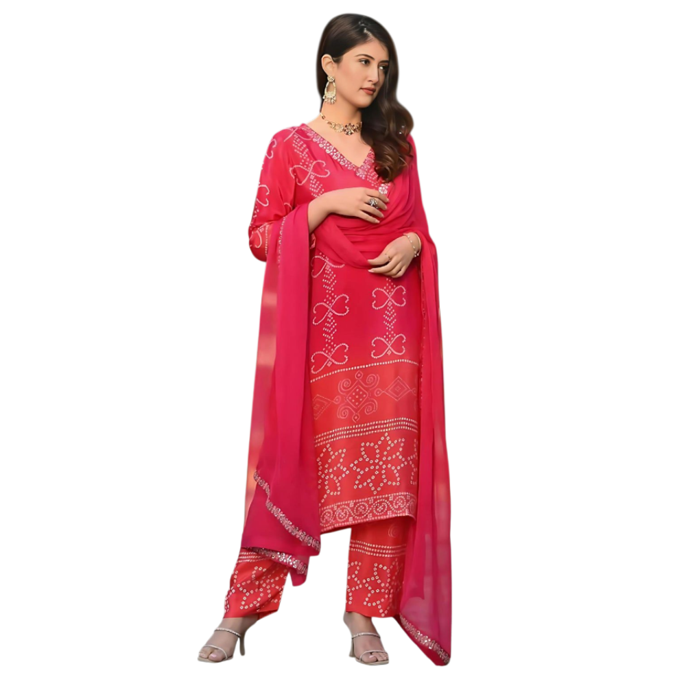 Ombre Pure Crepe Bandhani Suit Set for Women's (Pack of 1)
