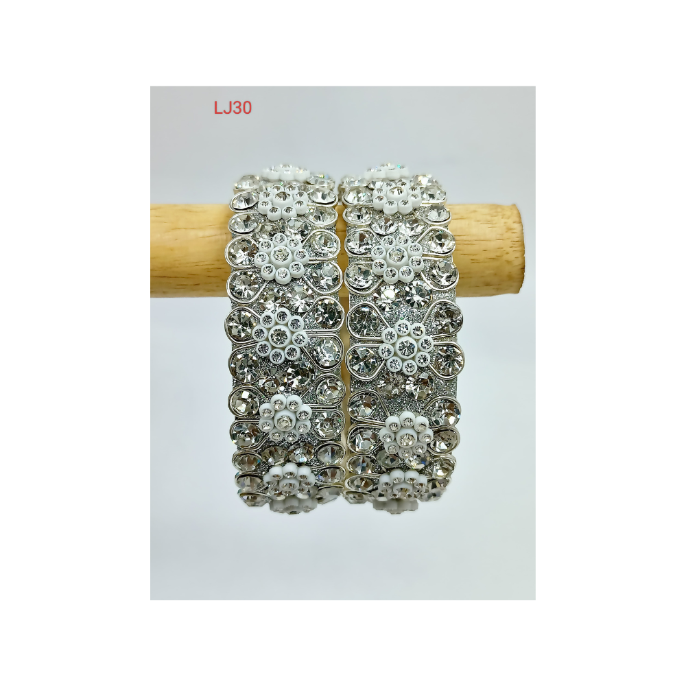 Indian Bridal Silver Pearly White Stone Bangles Set