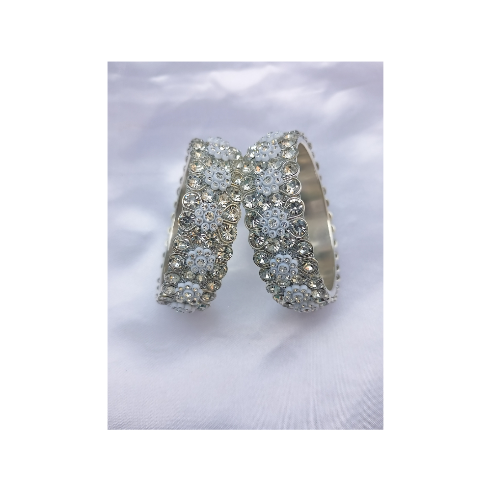 Indian Bridal Silver Pearly White Stone Bangles Set
