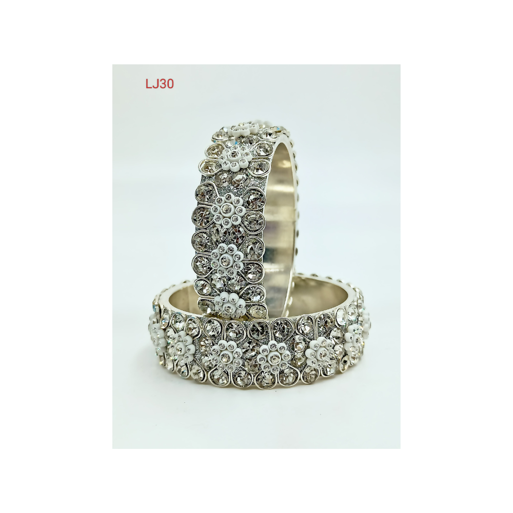 Indian Bridal Silver Pearly White Stone Bangles Set