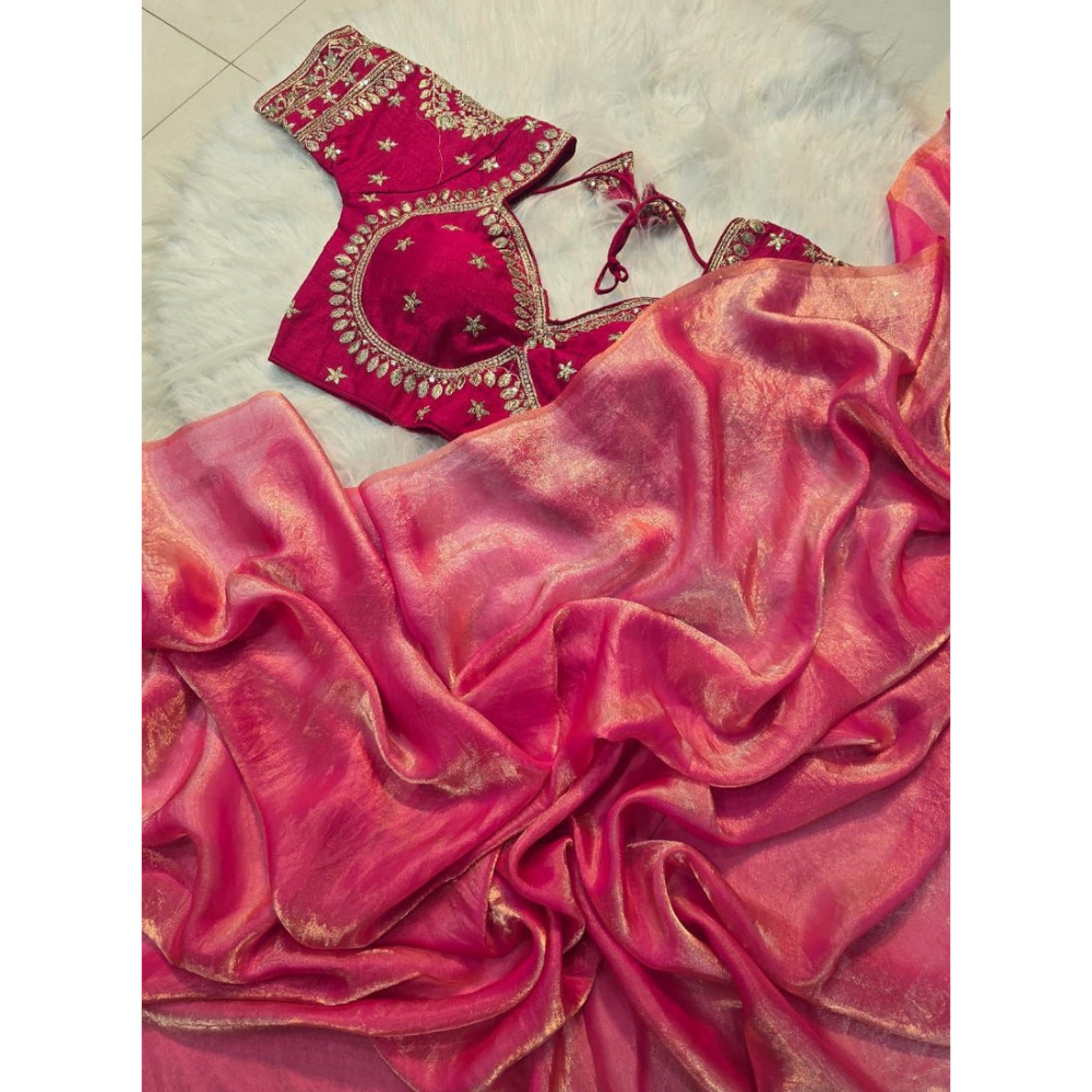 Space Silk Saree With Sequence Embroidery Full Stiched Worked Blouse (Pack of 1)