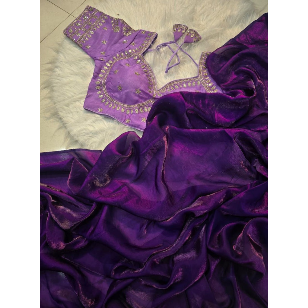 Space Silk Saree With Sequence Embroidery Full Stiched Worked Blouse (Pack of 1)