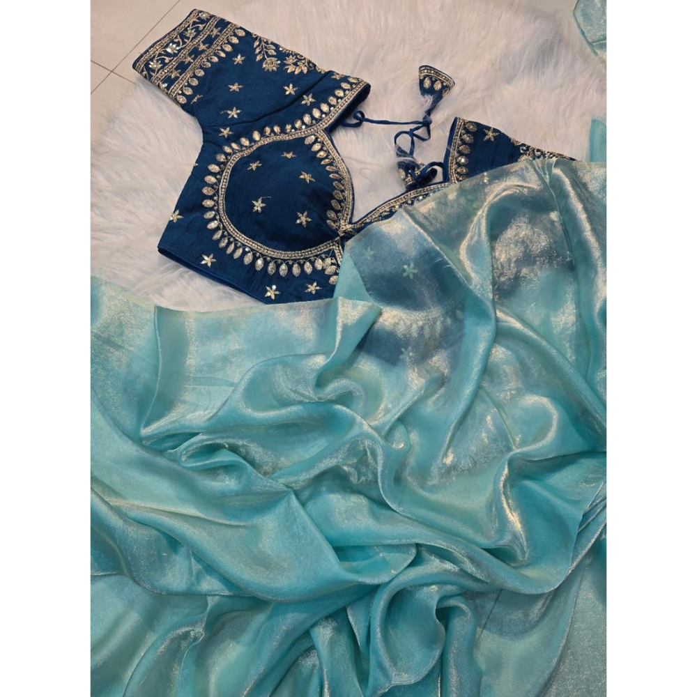 Space Silk Saree With Sequence Embroidery Full Stiched Worked Blouse (Pack of 1)