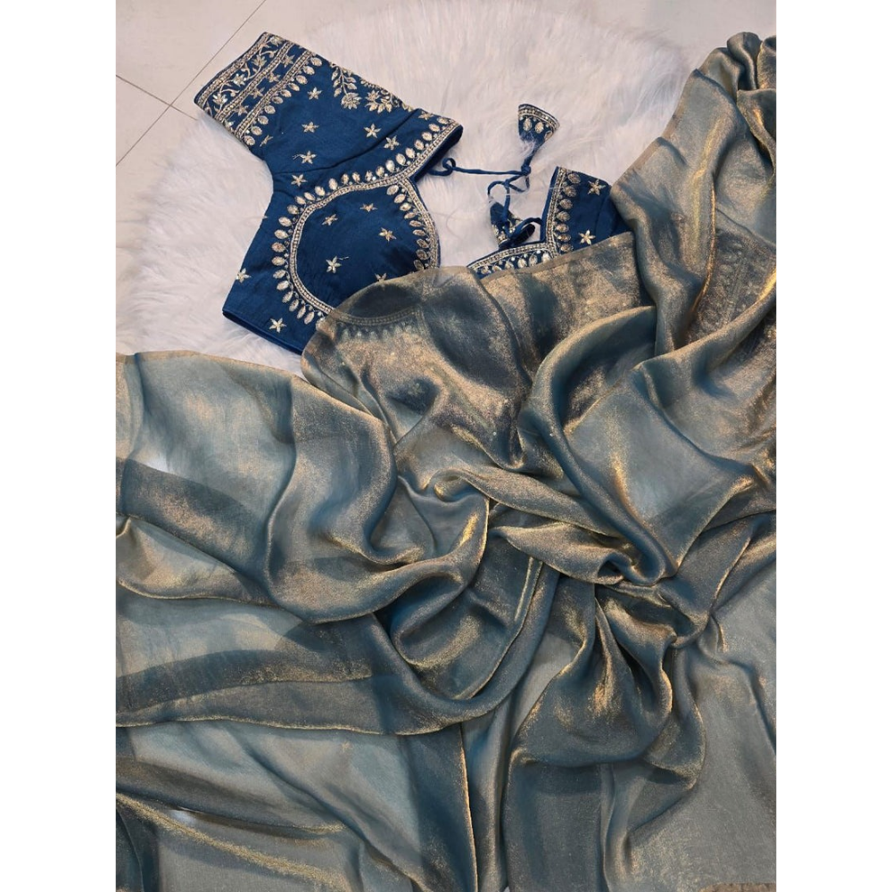 Space Silk Saree With Sequence Embroidery Full Stiched Worked Blouse (Pack of 1)