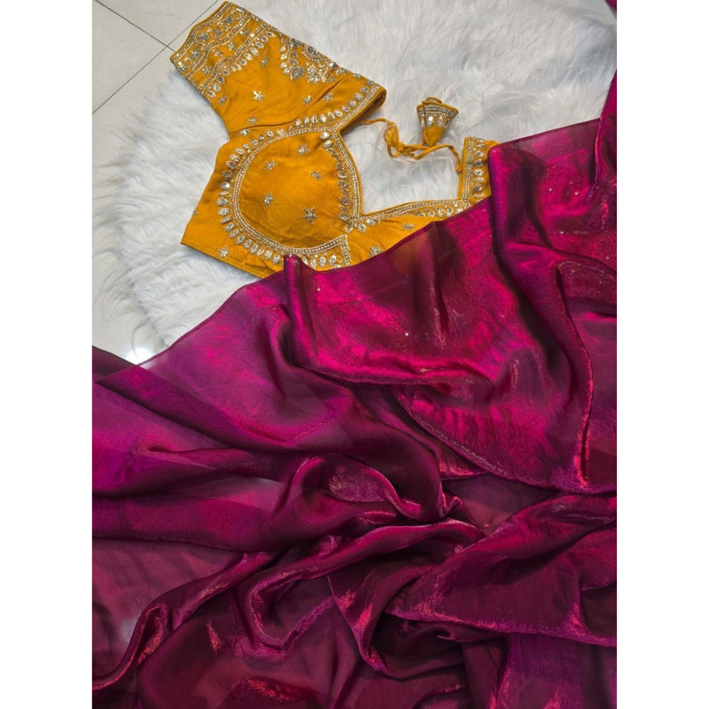 Space Silk Saree With Sequence Embroidery Full Stiched Worked Blouse (Pack of 1)