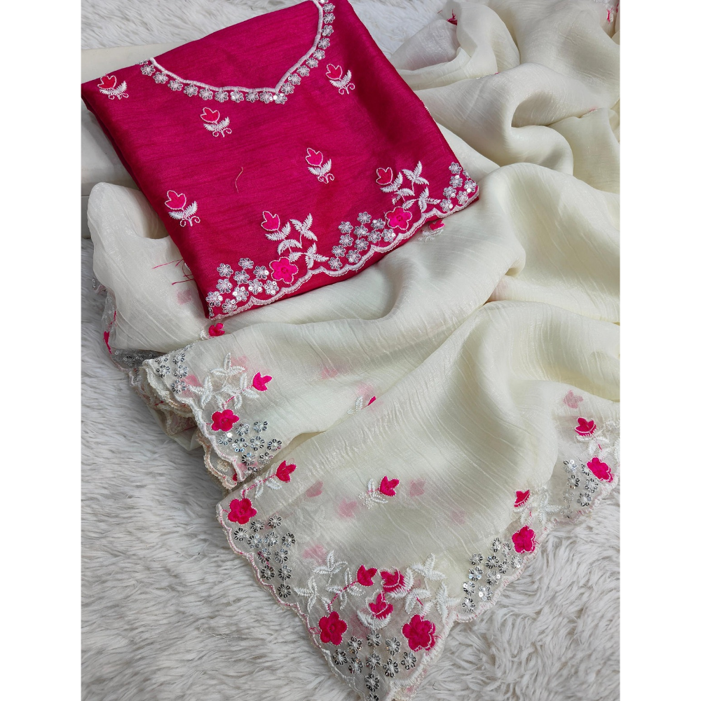 Pure Crunchy Silk Fabric Multi Thread Embroidery Work With Arc Cutting Border (Pack of 1)
