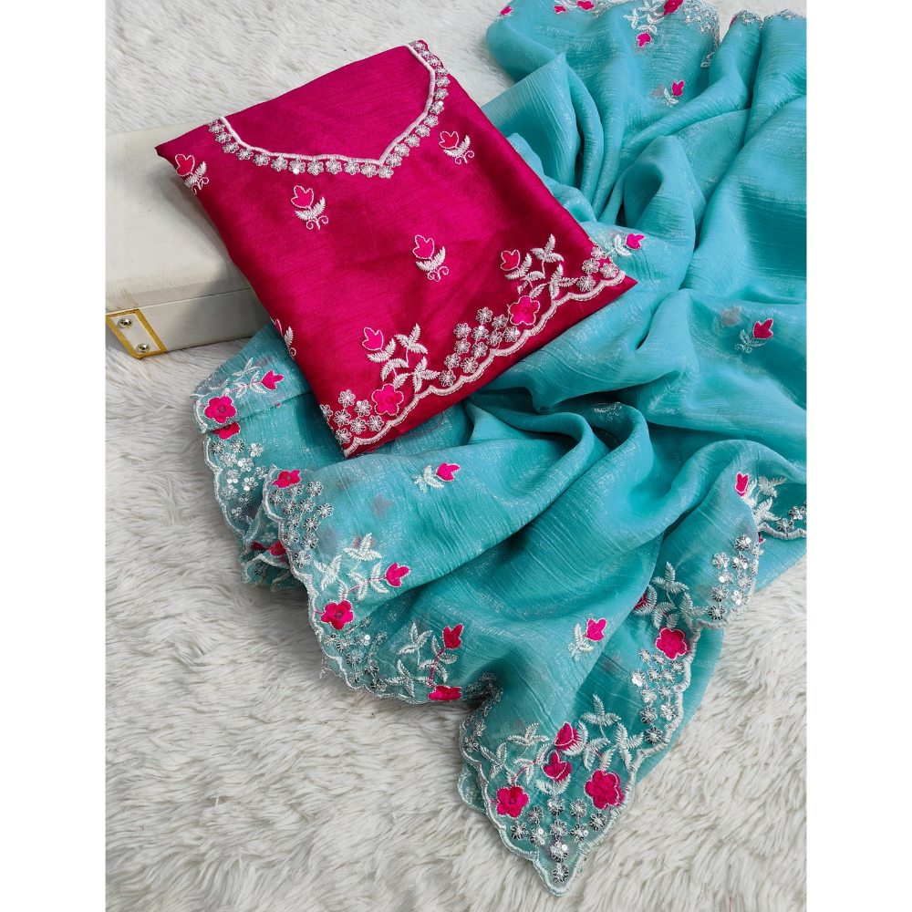 Pure Crunchy Silk Fabric Multi Thread Embroidery Work With Arc Cutting Border (Pack of 1)