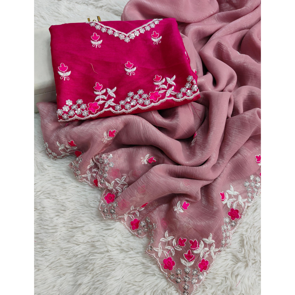 Pure Crunchy Silk Fabric Multi Thread Embroidery Work With Arc Cutting Border (Pack of 1)