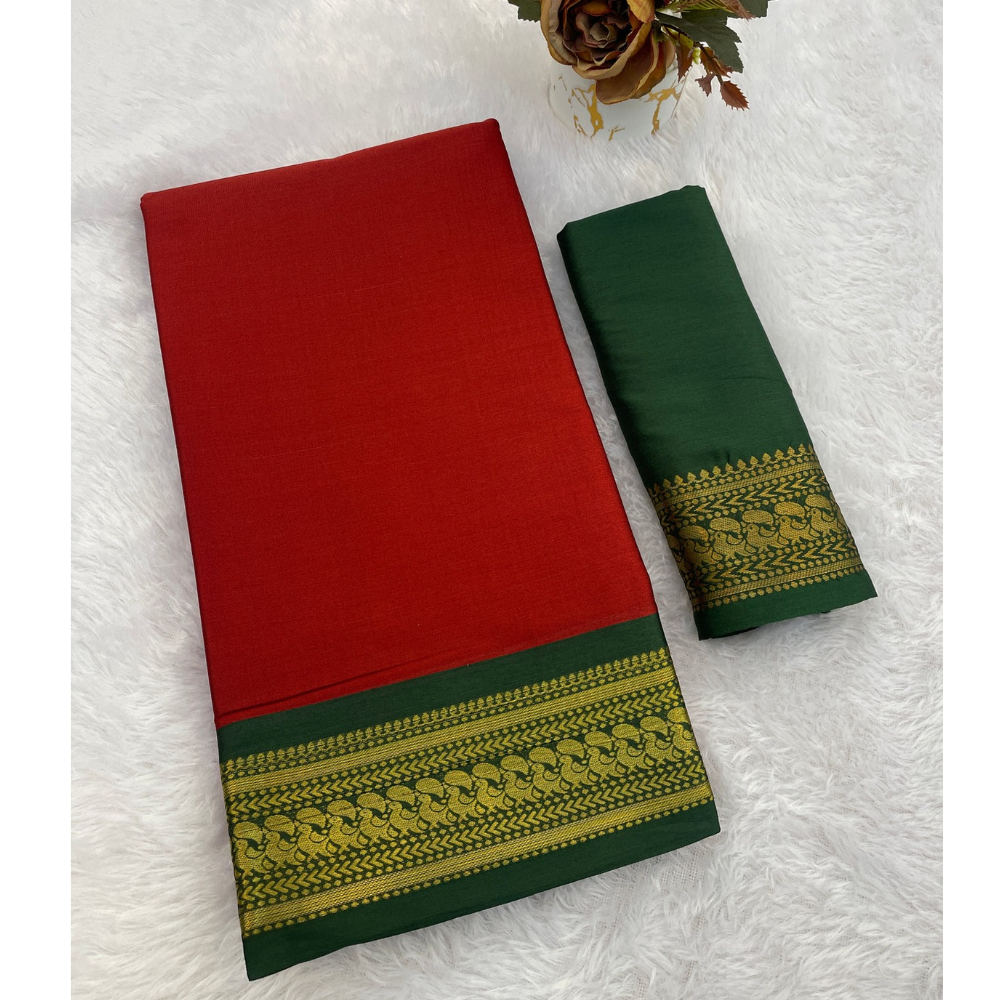 Aura Cotton Designer Border With Chitt Pallu Saree For Women's (Pack of 1)