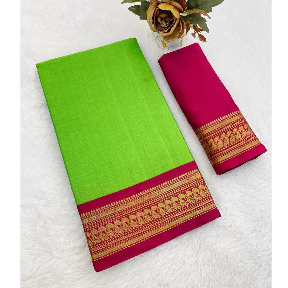 Aura Cotton Designer Border With Chitt Pallu Saree For Women's (Pack of 1)