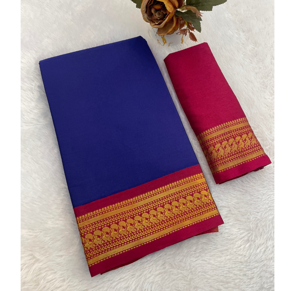 Aura Cotton Designer Border With Chitt Pallu Saree For Women's (Pack of 1)