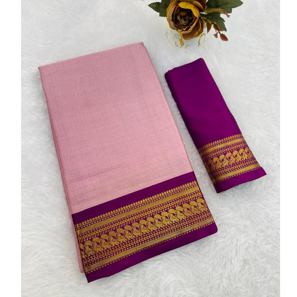 Aura Cotton Designer Border With Chitt Pallu Saree For Women's (Pack of 1)