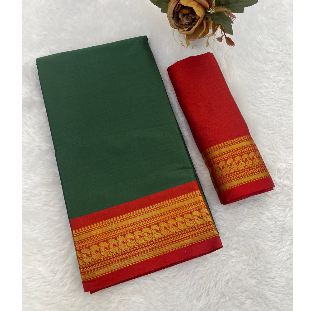 Aura Cotton Designer Border With Chitt Pallu Saree For Women's (Pack of 1)