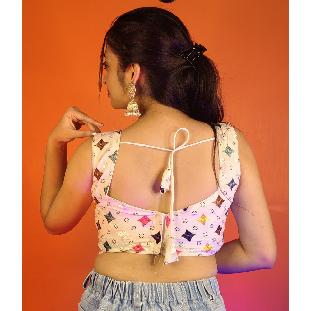 Women's Cotton Blend White Floral Embroidered Sleeveless Blouse – Padded, Back Tie-Up (Pack of 1)