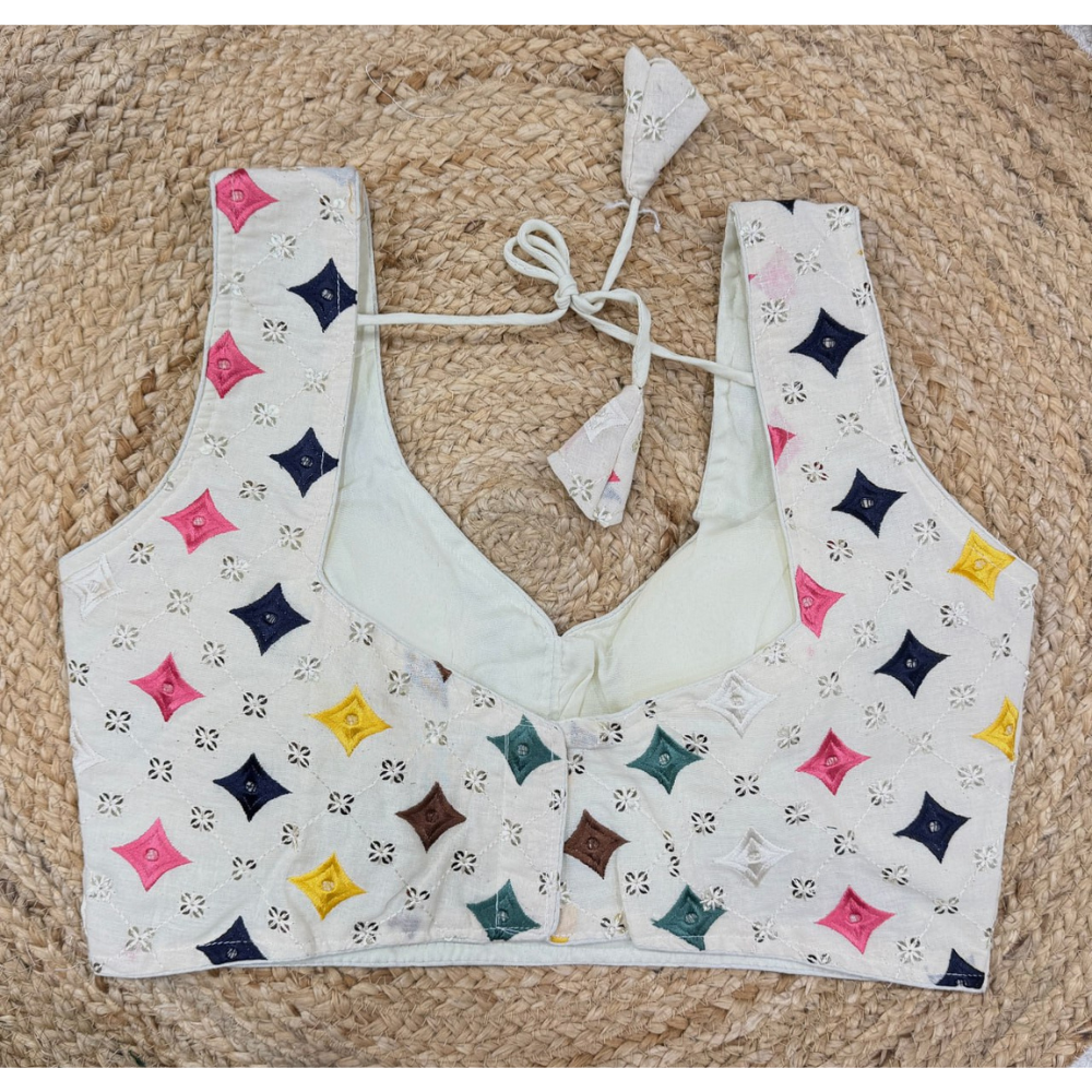Women's Cotton Blend White Floral Embroidered Sleeveless Blouse – Padded, Back Tie-Up (Pack of 1)