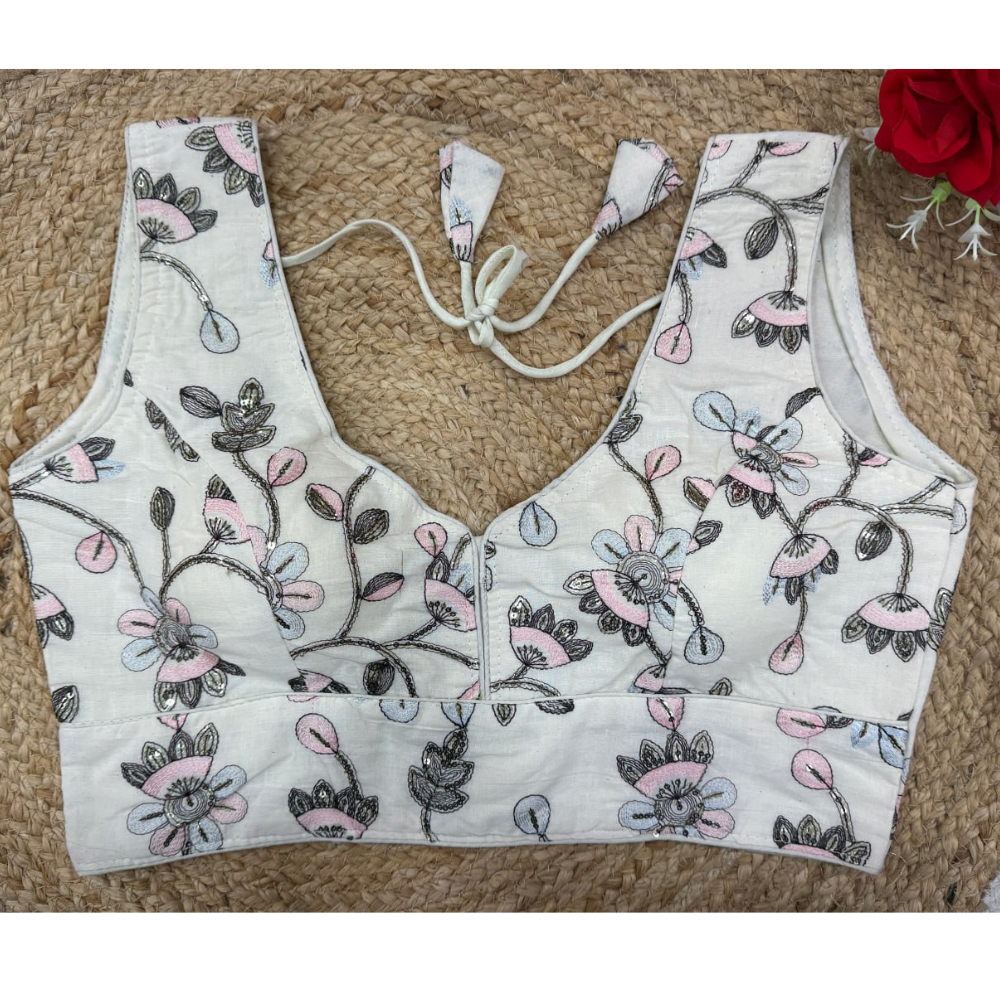 Women's Cotton Blend White Floral Embroidered Sleeveless Blouse – Padded, Back Tie-Up (Pack of 1)