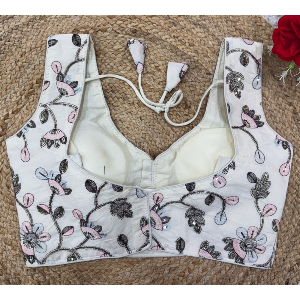 Women's Cotton Blend White Floral Embroidered Sleeveless Blouse – Padded, Back Tie-Up (Pack of 1)