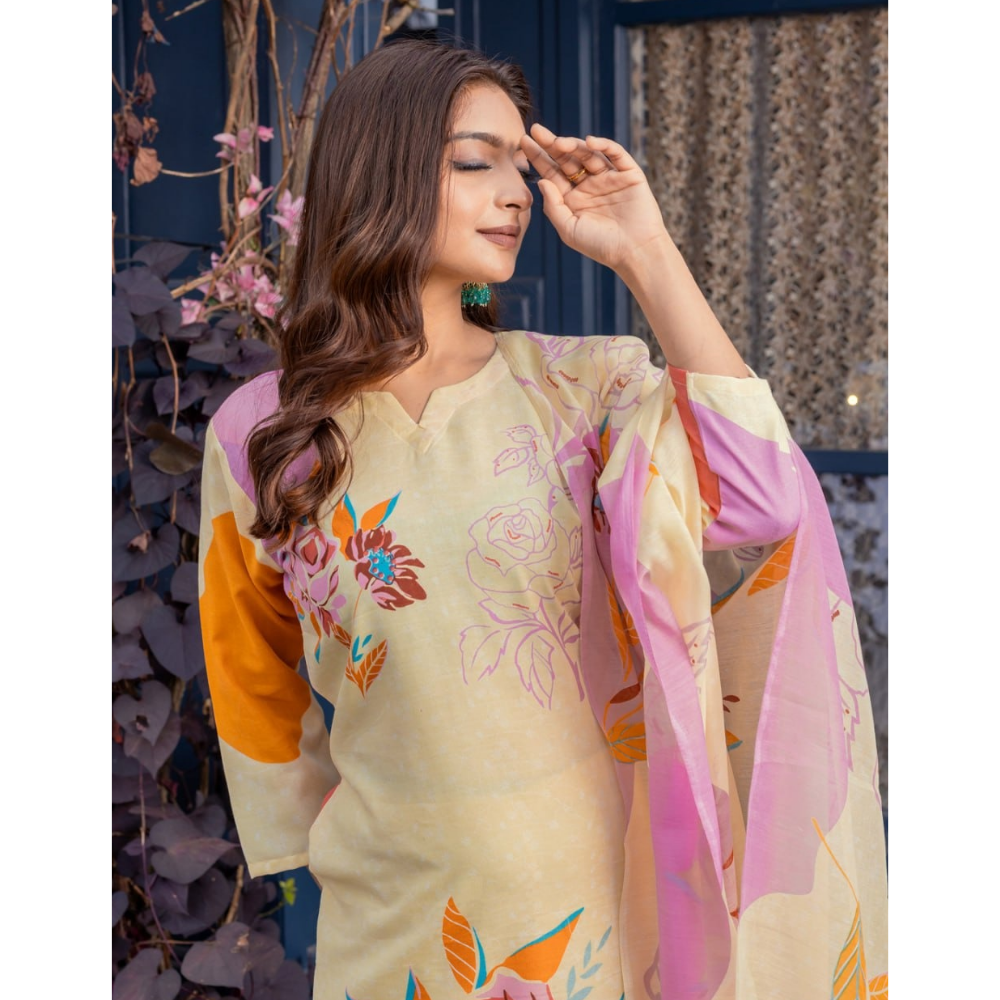 Women's Cotton Blend Kurta with Dupatta Set (Pack of 1)