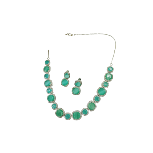 Mint Gemstone & American Diamond Silver-Plated Necklace Set with Earrings