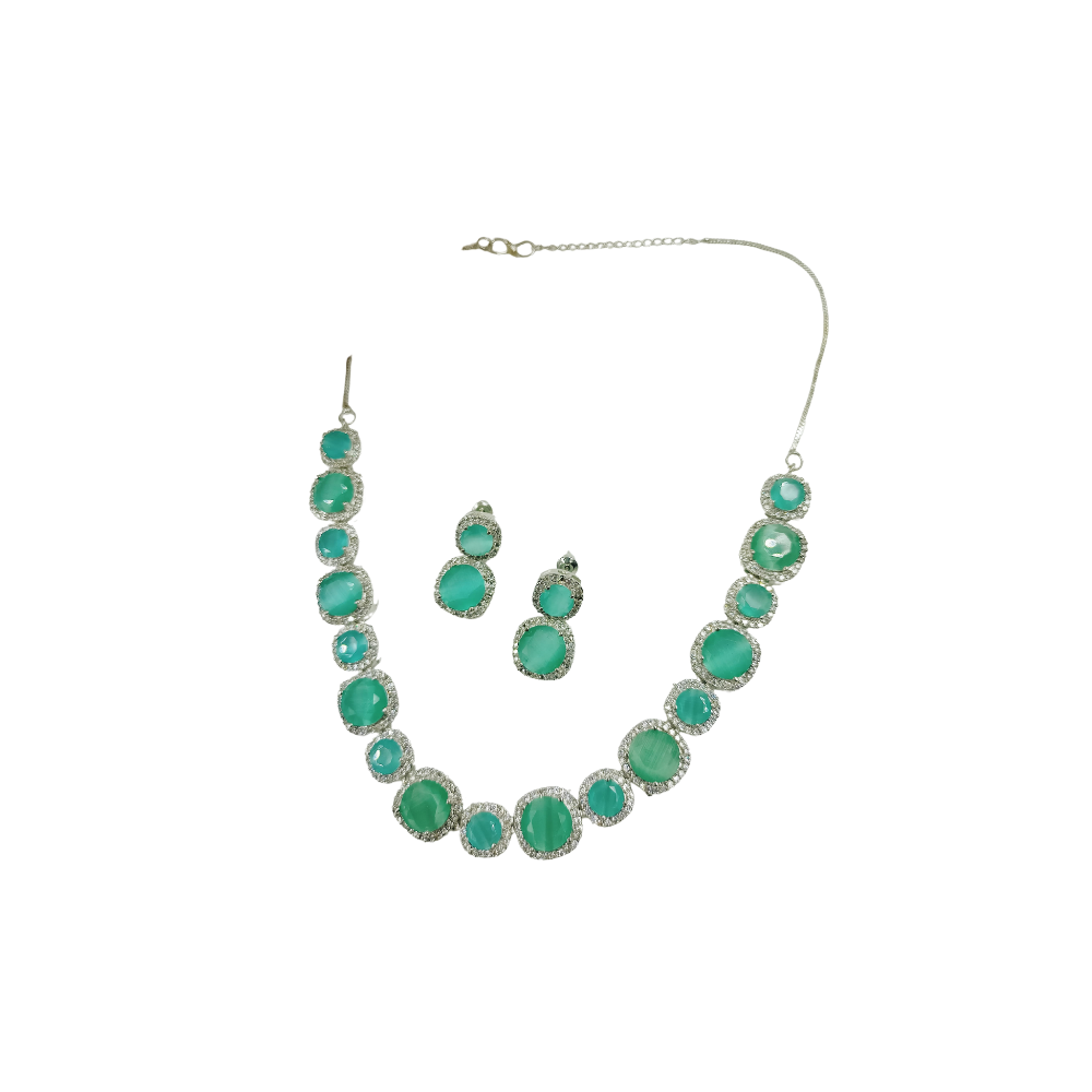 Mint Gemstone & American Diamond Silver-Plated Necklace Set with Earrings