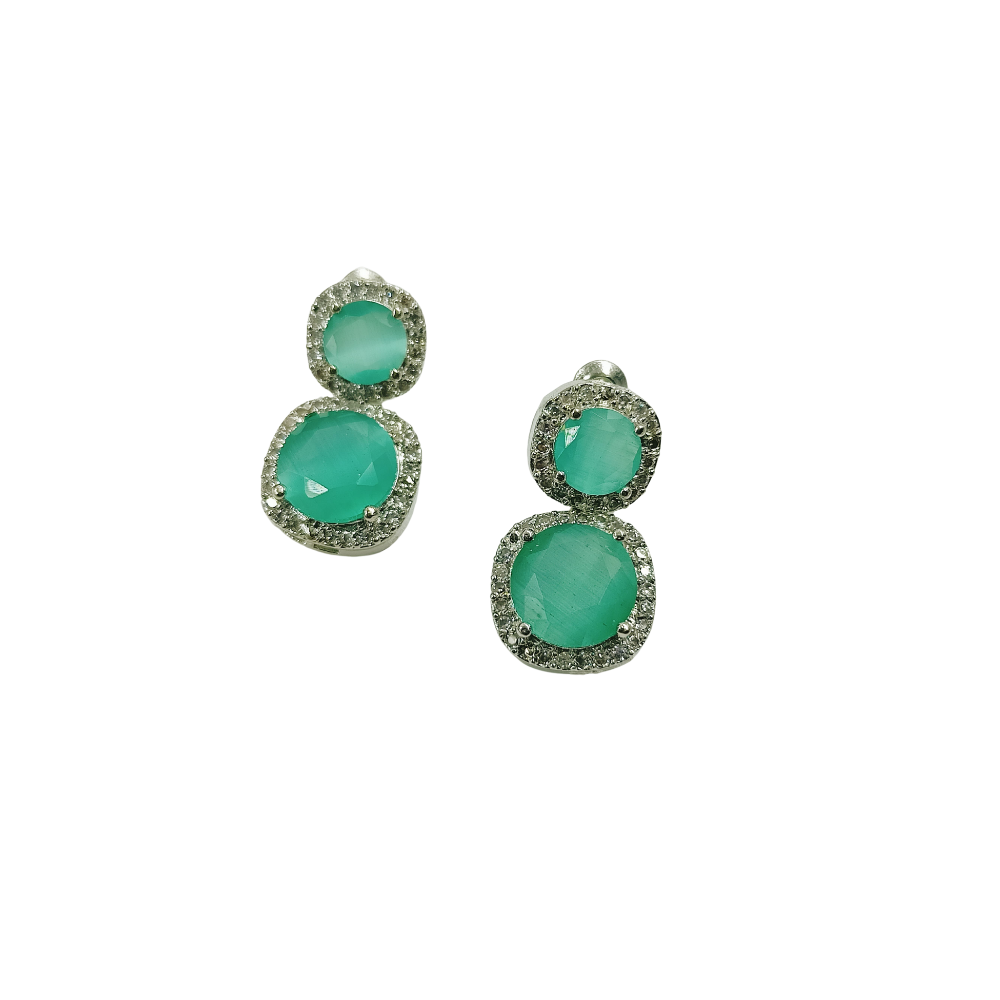 Mint Gemstone & American Diamond Silver-Plated Necklace Set with Earrings