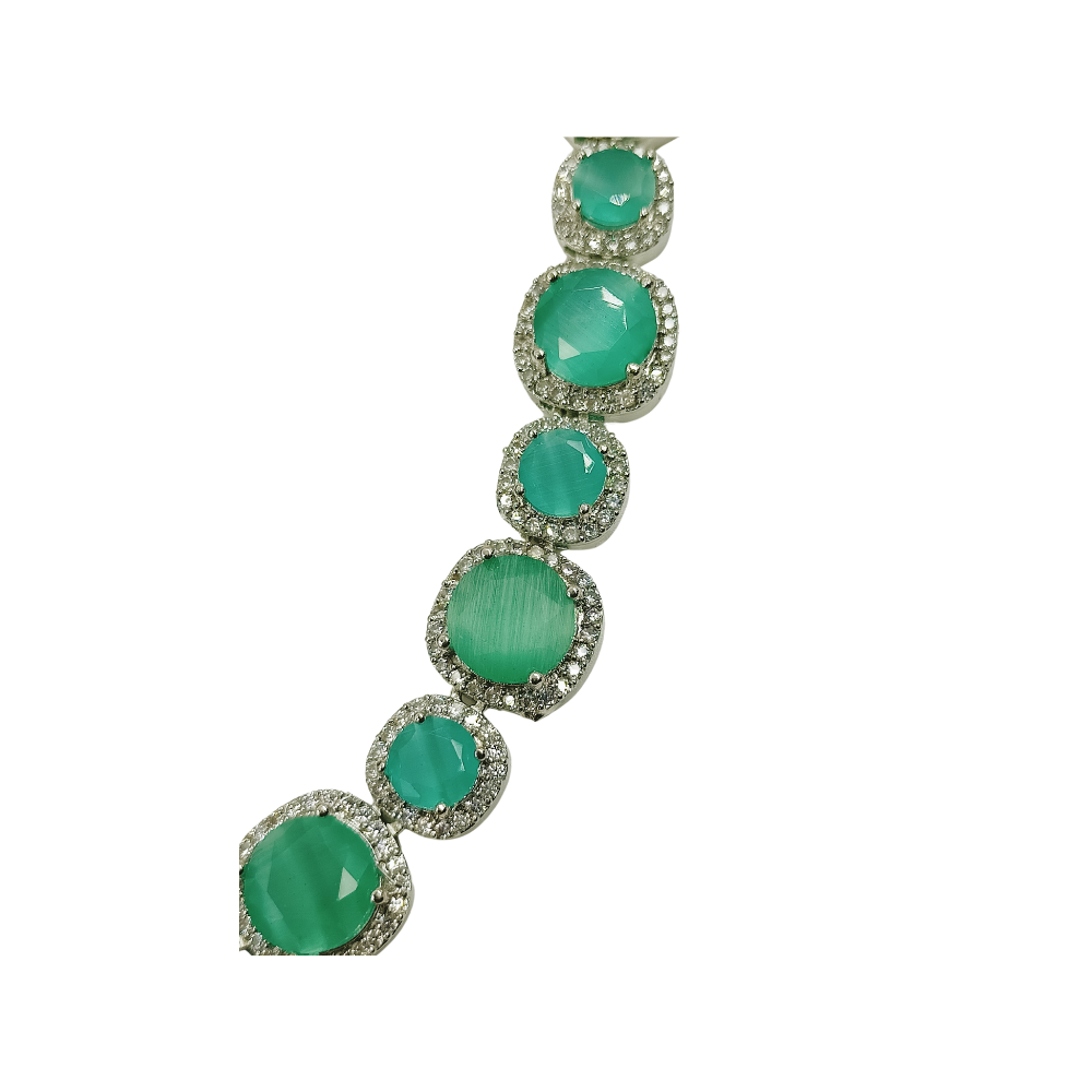 Mint Gemstone & American Diamond Silver-Plated Necklace Set with Earrings