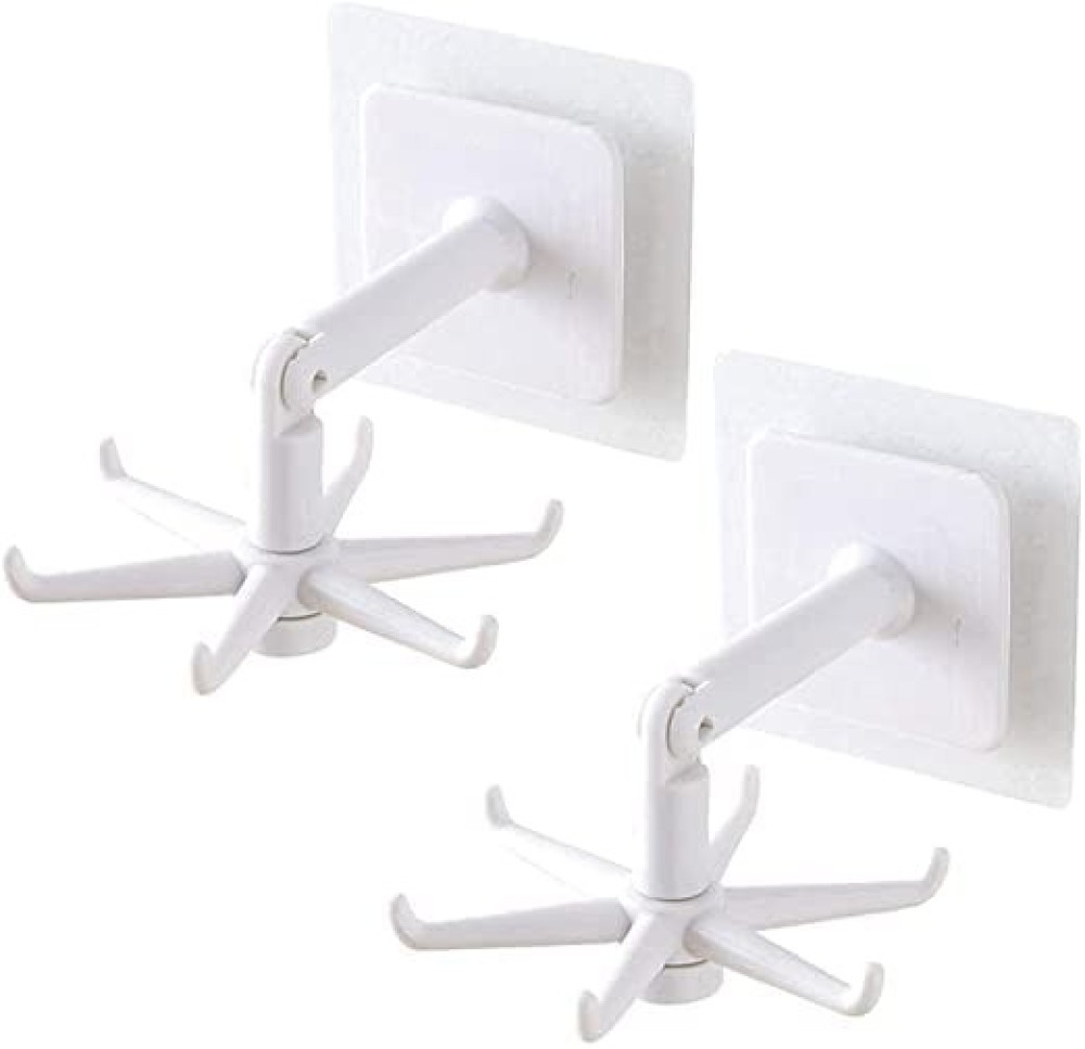 ROYAL EAGLE Multi-Purpose 360° Rotating Self-Adhesive Key Holder Hook | Wall Mounted Organizer for Keys, Bags, Utensils | No-Drill Heavy Duty Hook (White, Set of 2)