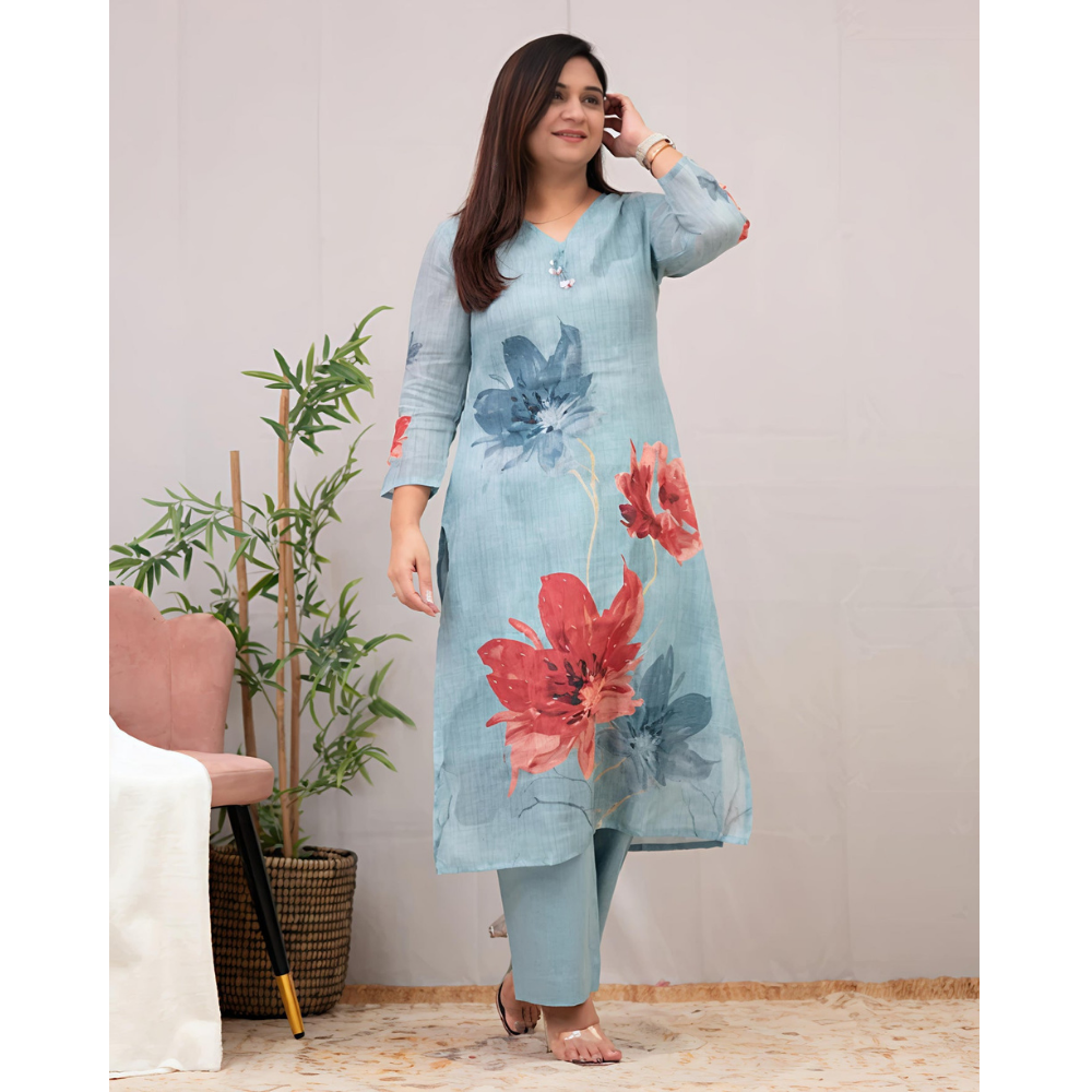 Women's Chanderi Cotton Straight Printed Kurta with Pant