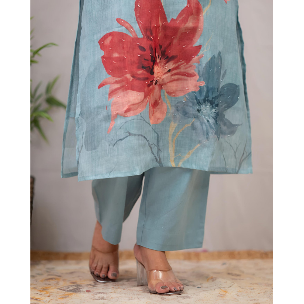 Women's Chanderi Cotton Straight Printed Kurta with Pant