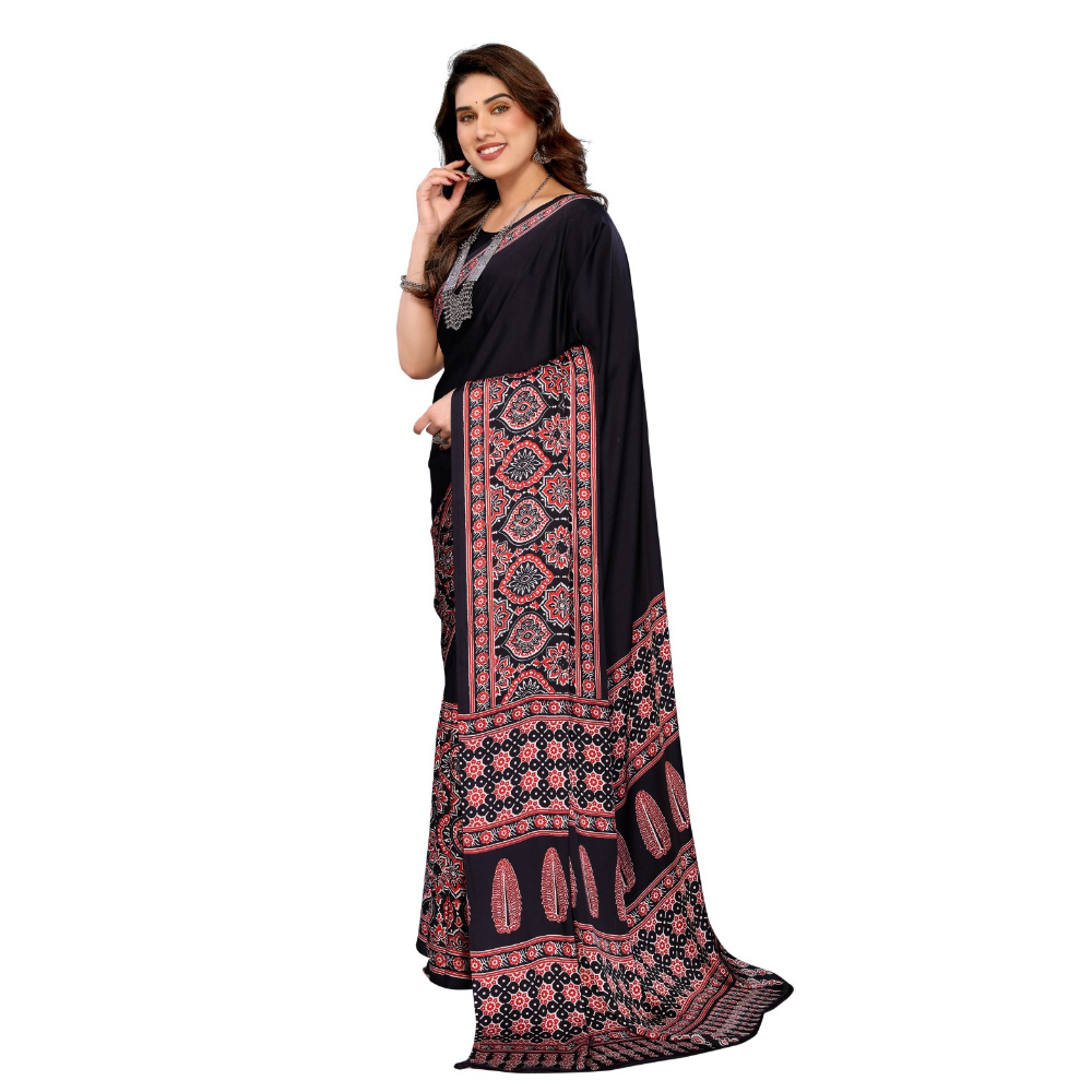 Women's Premium Semi Gaji Ajrakh Color Block Bandhej Saree (Pack of 1)