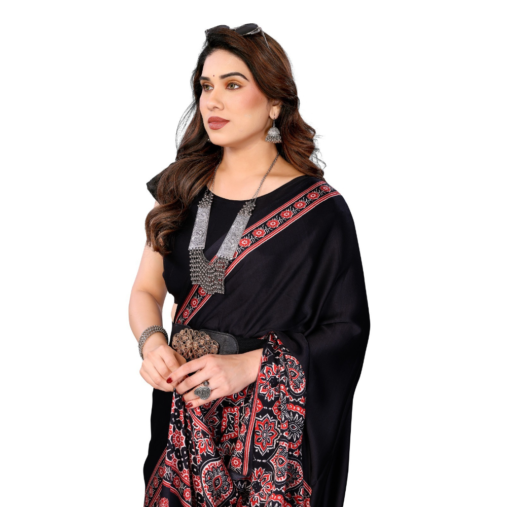 Women's Premium Semi Gaji Ajrakh Color Block Bandhej Saree (Pack of 1)