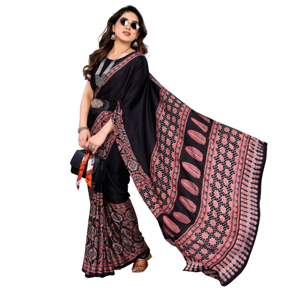 Women's Premium Semi Gaji Ajrakh Color Block Bandhej Saree (Pack of 1)