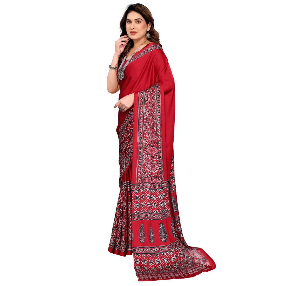 Women's Premium Semi Gaji Ajrakh Color Block Bandhej Saree (Pack of 1)