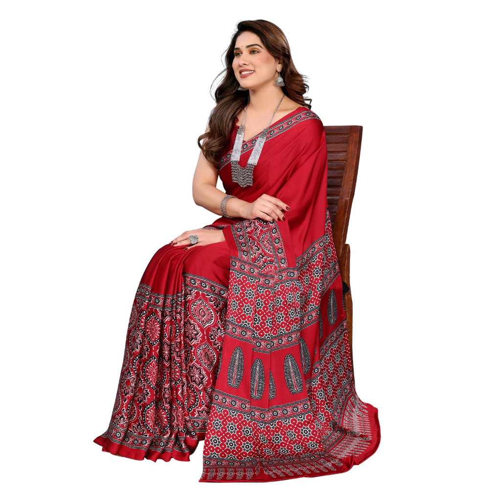 Women's Premium Semi Gaji Ajrakh Color Block Bandhej Saree (Pack of 1)