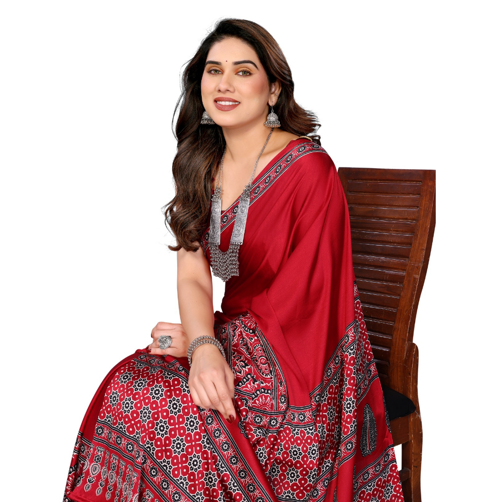 Women's Premium Semi Gaji Ajrakh Color Block Bandhej Saree (Pack of 1)