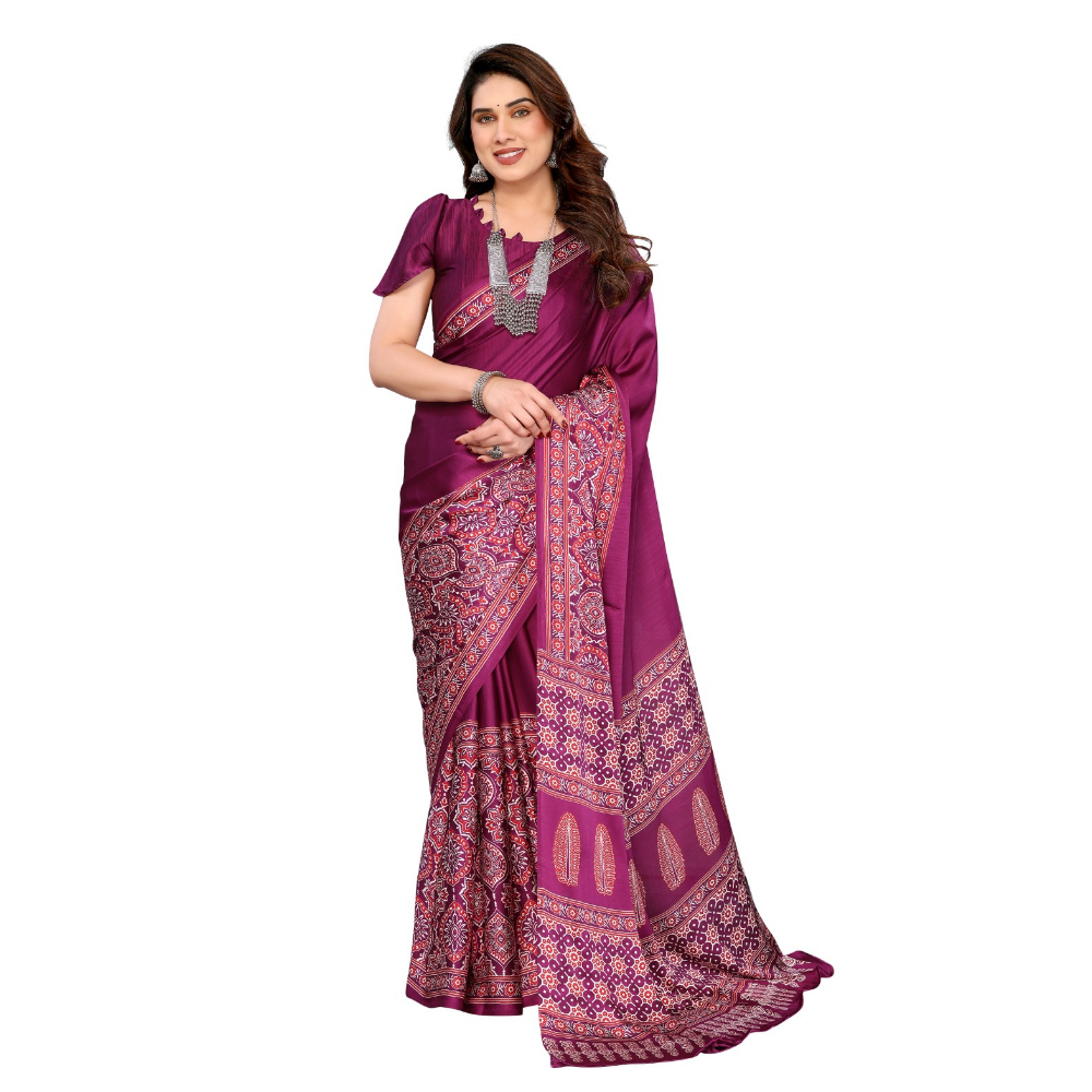 Women's Premium Semi Gaji Ajrakh Color Block Bandhej Saree (Pack of 1)