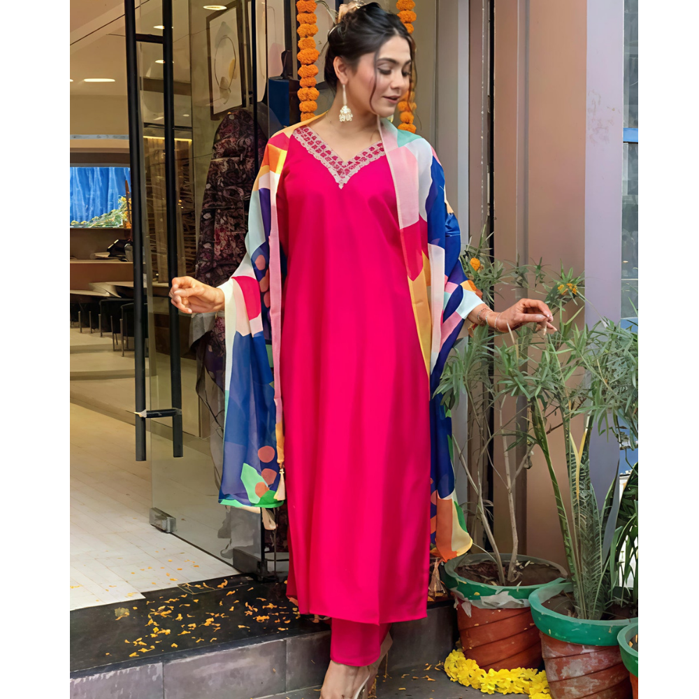 Women's Viscose Rayon Cotton Straight Printed 3Pc Kurta Set (Pack of 1)