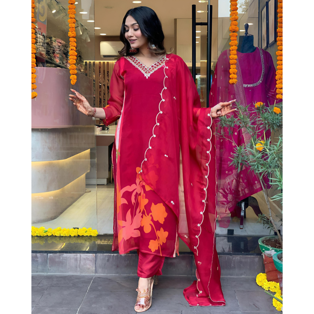 Women's Cotton Blend Straight Printed Kurta with Pant & Dupatta (Pack of 1)